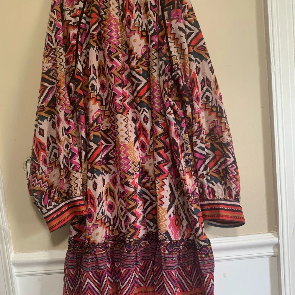 ZARA Boho Tunic Dress L Ikat Tribal Print Long Sleeve Button Cuff - Picture 8 of 15